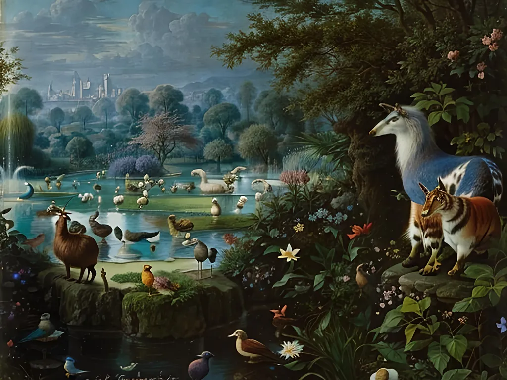 Prompt: paradise garden ful of animals like Roelandt Savery. soft colors, sfumato light