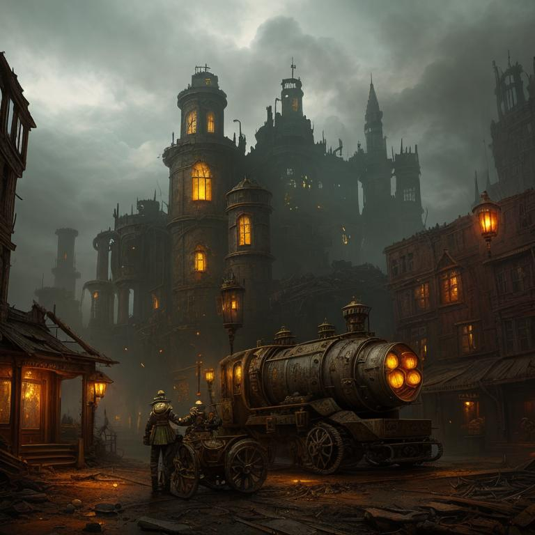 Prompt: old lonely rusry robot is wandering acros postcatastrofic, destroyed land full of ansuperrealistic steampunk scen ruins and broken steampunk machines. The scene is rich in details with a gloomy light, creating a hauntingly atmospheric ambiance. The textures and intricacies of the steampunk elements are meticulously rendered