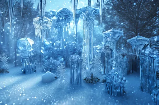 Prompt: glass forest, icicles, ornamental crystals, snowflakes, winter, juwels, frost, reflection, superrealistic, a lot of details