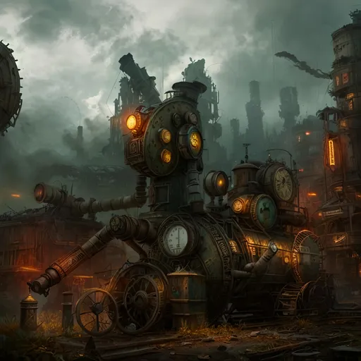 Prompt: old lonely rusry android is wandering acros postcatastrofic, destroyed land  steampunk elements are meticulously rendered