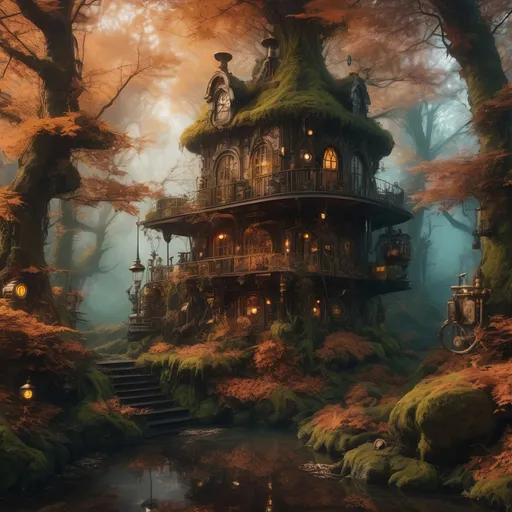 Prompt: a lush old gross forest Dense fantasy magical forest, steampunk thinks and gadgets grave colors, autumnal colors, phantastic details, in rear small part of steampunk gadgets ruins etc. steampunk atmosphere