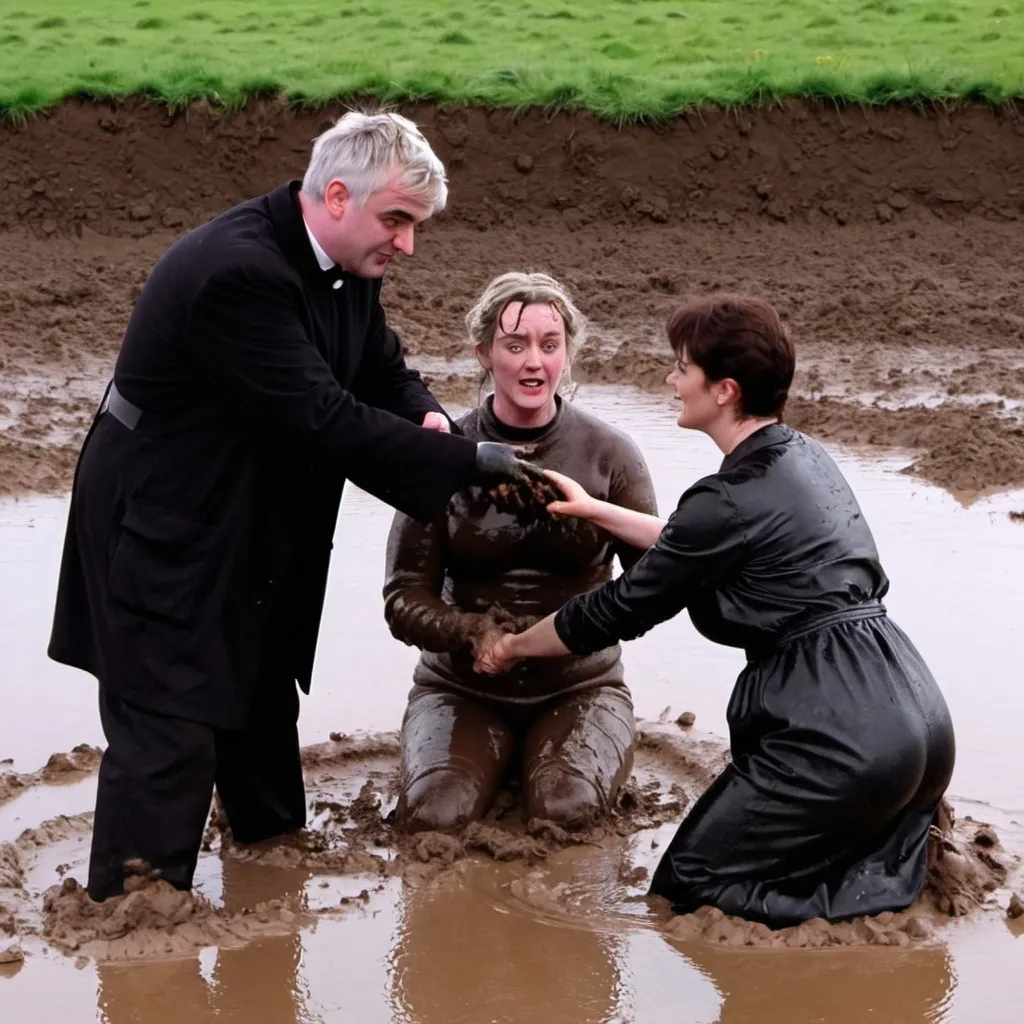 Prompt: Father ted judging mud wrestling between Irish married couple of Mary and john