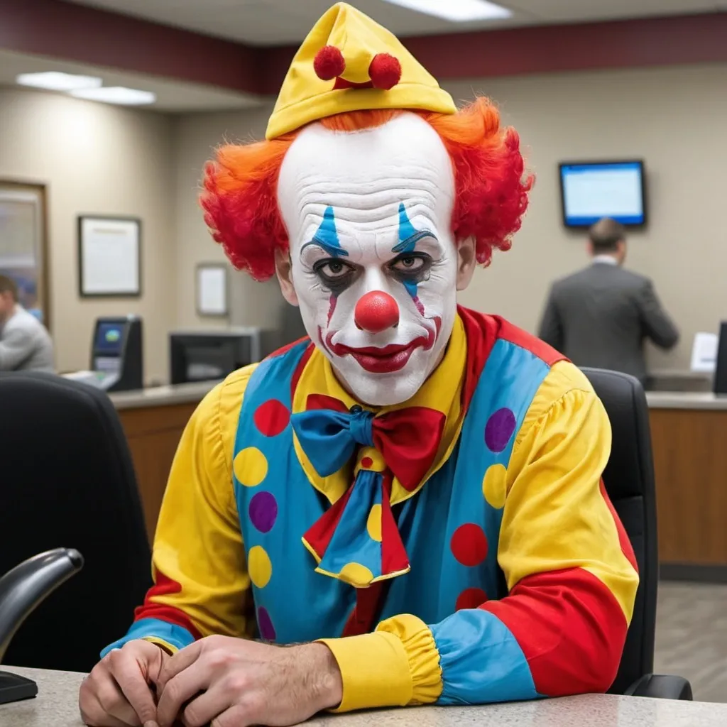 Prompt: Bank robbery by man dressed as a clown