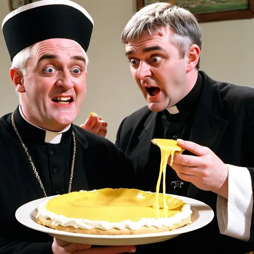 Prompt: Father ted playful priest throwing a custard pie in bishop Brennan's face