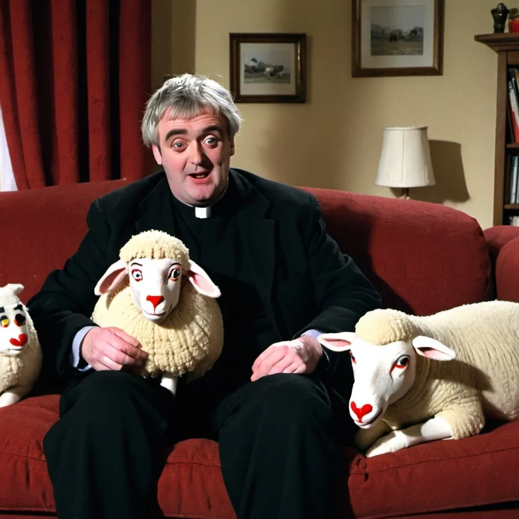 Prompt: Father ted on sofa with Chris the sheep and Clive the clown freezing in cold sub zero conditions due to labour scrapping the winter fuel allowance 