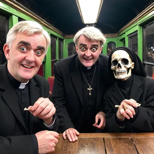 Prompt: Father ted enjoying Southport's ghost train ride, scary skeletons around