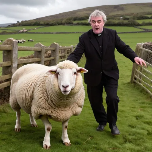 Prompt: Chris the sheep being shepherded by father ted in an Irish farm, terrorised by a ghost