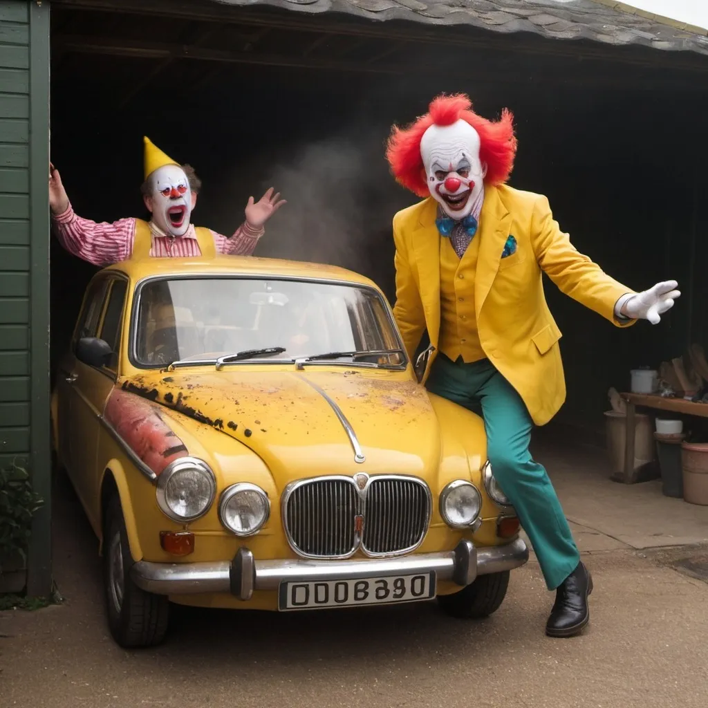 Prompt: Nigel garage being attacked by a clown with a custard pie