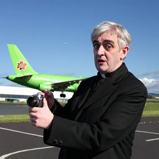 Prompt: Father ted doing some plane spotting from Belfast airport 