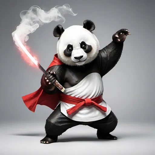 Prompt: Create a panda who is staring at you.  The panda is a karate master. He waers a red cape and holds a sword in one hand. There Is a white smoke coming out of the other hand. The panda is dancing.
