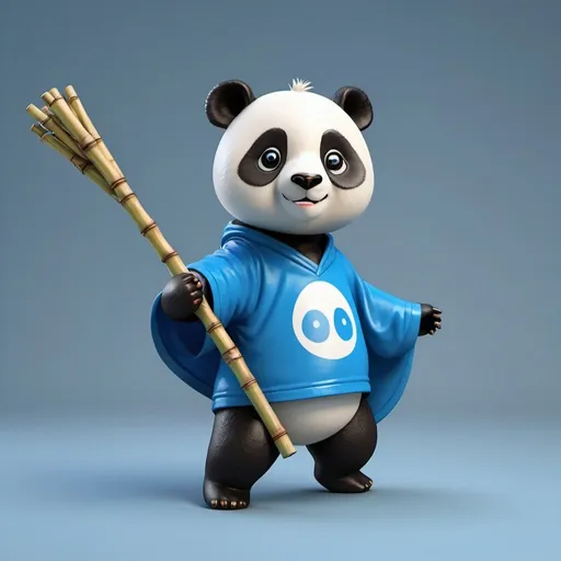 Prompt: Create a panda who is dancing. He has a bamboo stick in one hand. He wears a blue cape and an Ultraman T-shirt.