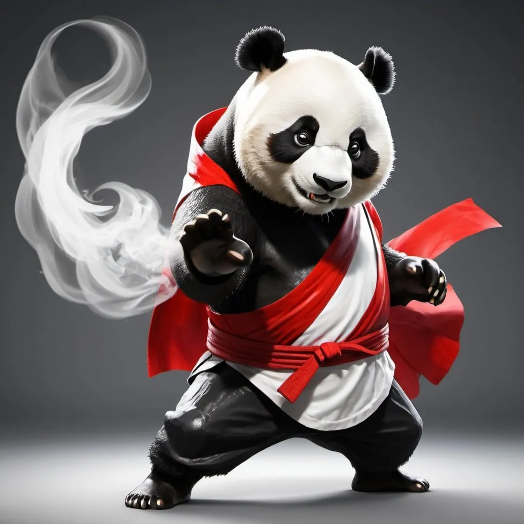 Prompt: Create a panda who is staring at you.  The panda is a karate master. He waers a red cape and holds a sword in one hand. There Is a white smoke coming out of the other hand. The panda is dancing.