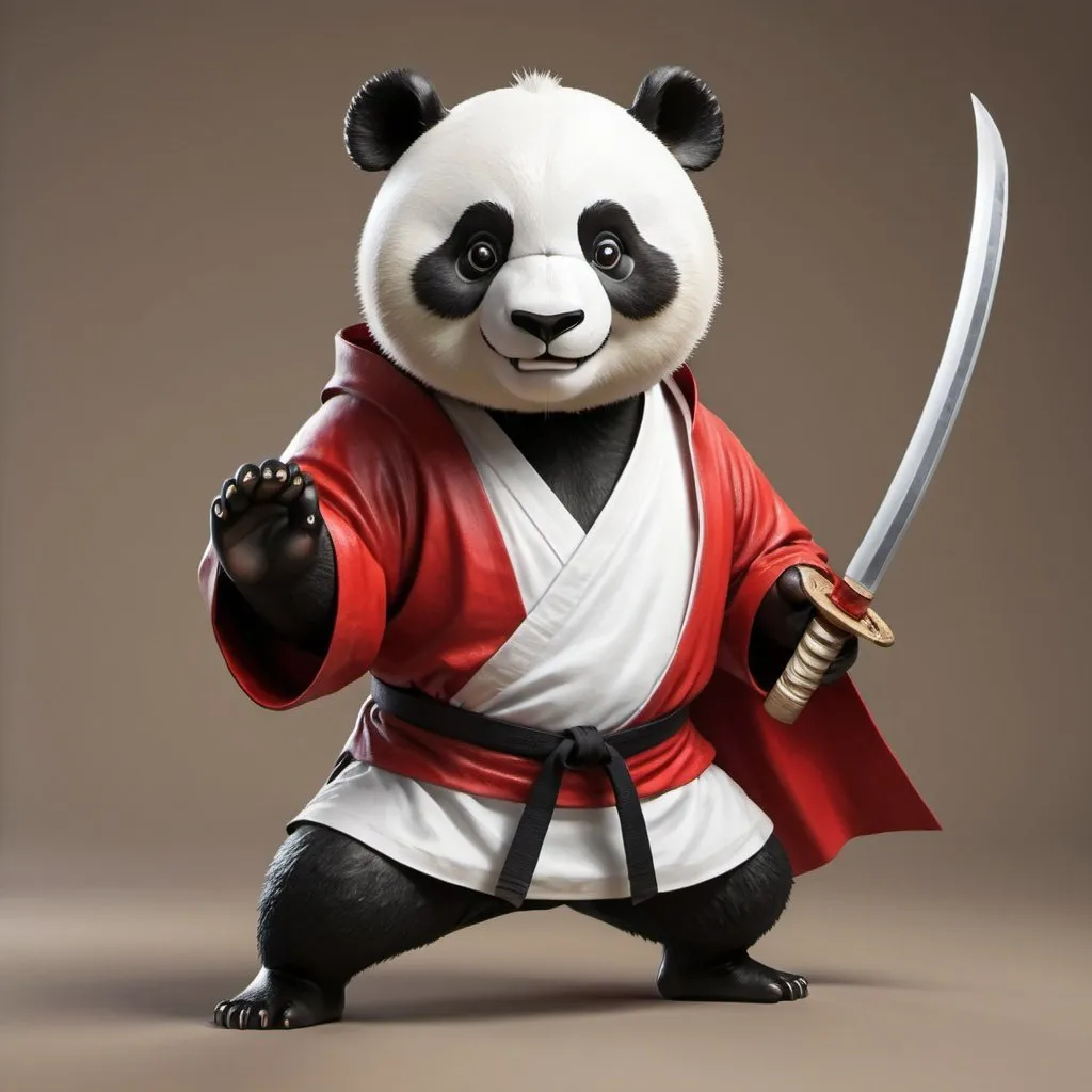 Prompt: Create a panda who is staring at you.  The panda is a karate master. He waers a red cape and holds a sword in one hand.The panda is dancing.