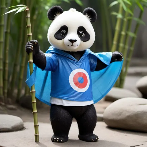 Prompt: Create a panda who is dancing. He has a bamboo stick in one hand. He wears a blue cape and an Ultraman T-shirt.