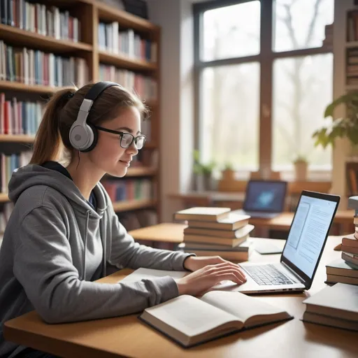 Prompt: A modern online learning environment with a student attending a virtual class on a laptop, surrounded by books and study materials.