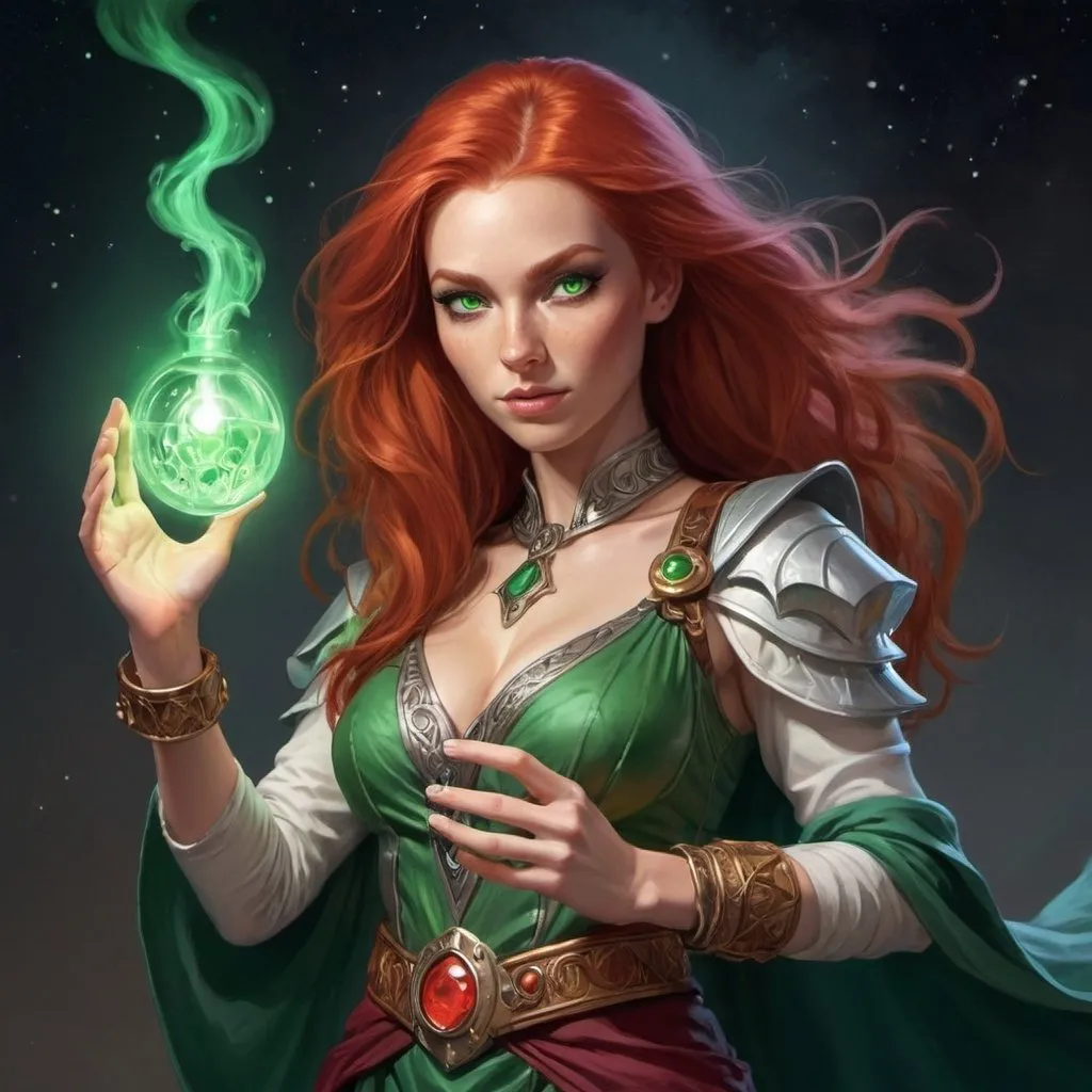 Prompt: Create an illustration of an Aasimar warlock from Dungeons and Dragons. She has striking red hair and vivid green eyes. Standing at about 4'11" with a slight build, she exudes a delicate but powerful presence. In her hands, she holds a genie bottle reminiscent of the one from "I Dream of Jeannie," examining it with an expression of academic curiosity. The scene should capture a blend of mystical intrigue and a starry night sky.