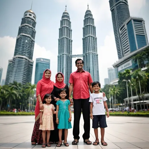 Prompt: An exuberant Bangladeshi family, consisting of a husband, wife, and two children, joyfully stands in front of Malaysia's iconic KLCC. The image captures their happy faces, ensuring they appear pleasant and joyful