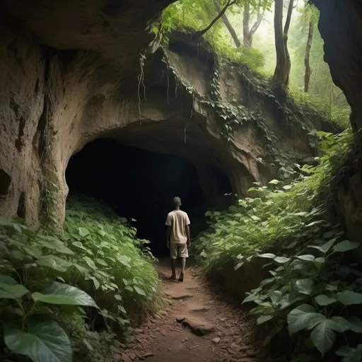 Prompt: After hours of wandering, a 12 years old Kofi stumbled upon an overgrown path that led to a small, inconspicuous cave entrance, almost hidden by the forest’s lush undergrowth. Vines draped over the opening like nature’s curtain, and an eerie silence enveloped the area, as if the forest itself held its breath.

With a mixture of excitement and trepidation, Kofi pushed aside the vines and stepped into the cave. The interior was cool and damp, illuminated by a faint, otherworldly glow emanating from the depths of the cavern. As he ventured further in, the walls revealed ancient carvings and symbols, whispering secrets of times long past.