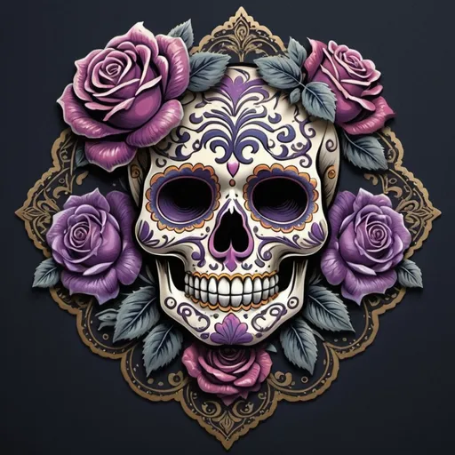 Prompt: Render a stunning, high-contrast sticker design featuring a intricately detailed sugar skull adorned with lush, velvety roses, set against a rich, dark background that gradiently shifts from deep blues to purples, evoking a mysterious, romantic ambiance. The skull's facial structure is delicate, with ornate filigree patterns etched into its forehead, nose, and jawline, while the roses are depicted in various stages of bloom, their petals soft and delicate, with subtle texture and gentle folds. The entire design is framed by a thin, ornate border, reminiscent of antique lace, with subtle hints of gold and copper accents that catch the light. The overall aesthetic is a mesmerizing blend of Gothic romance and whimsical beauty, with bold lines, delicate textures, and a striking color palette that demands attention.