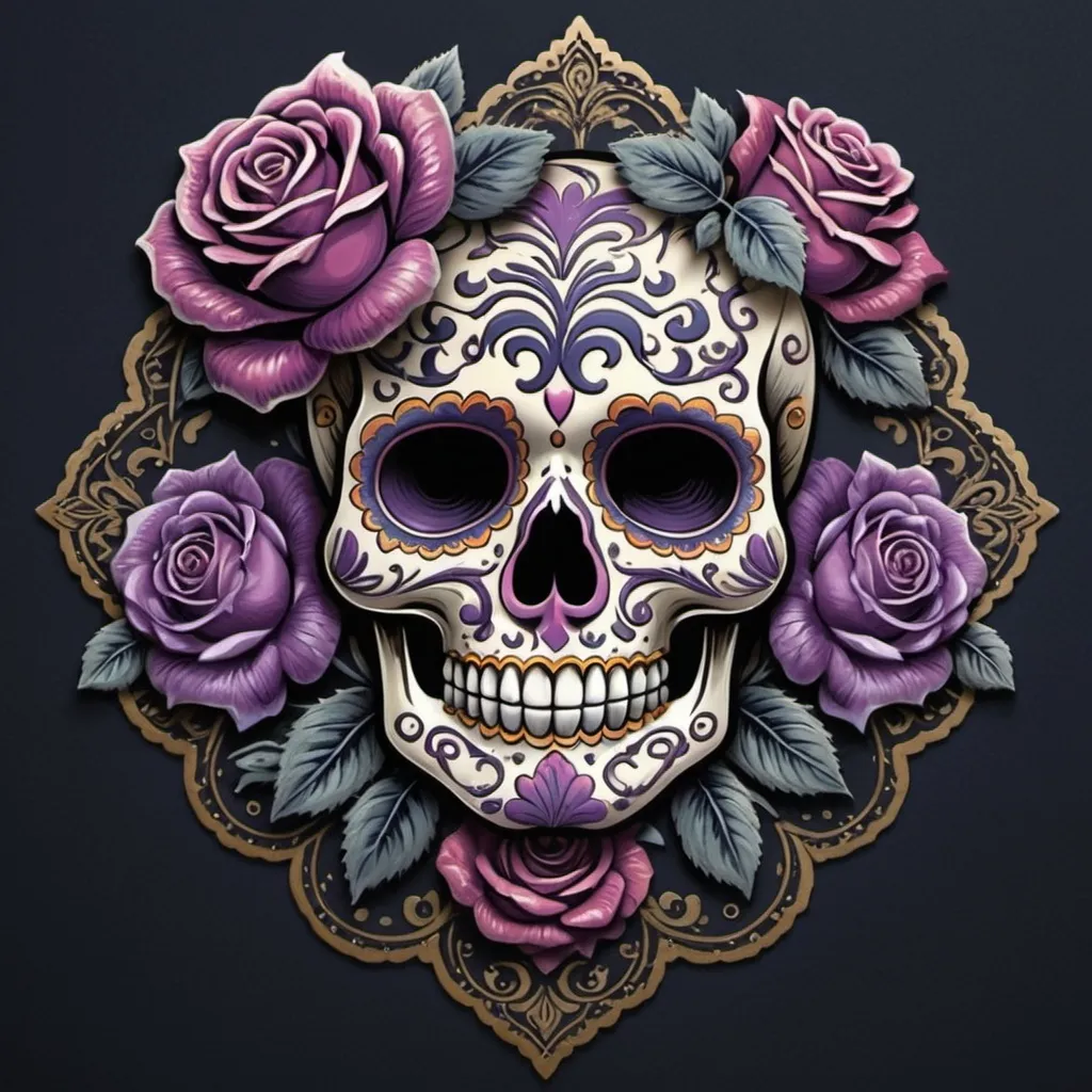 Prompt: Render a stunning, high-contrast sticker design featuring a intricately detailed sugar skull adorned with lush, velvety roses, set against a rich, dark background that gradiently shifts from deep blues to purples, evoking a mysterious, romantic ambiance. The skull's facial structure is delicate, with ornate filigree patterns etched into its forehead, nose, and jawline, while the roses are depicted in various stages of bloom, their petals soft and delicate, with subtle texture and gentle folds. The entire design is framed by a thin, ornate border, reminiscent of antique lace, with subtle hints of gold and copper accents that catch the light. The overall aesthetic is a mesmerizing blend of Gothic romance and whimsical beauty, with bold lines, delicate textures, and a striking color palette that demands attention.