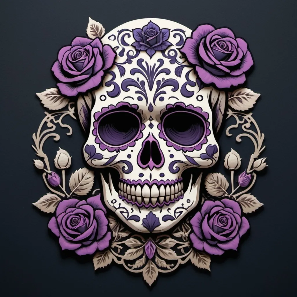 Prompt: Render a stunning, high-contrast sticker design featuring a intricately detailed sugar skull adorned with lush, velvety roses, set against a rich, dark background that gradiently shifts from deep blues to purples, evoking a mysterious, romantic ambiance. The skull's facial structure is delicate, with ornate filigree patterns etched into its forehead, nose, and jawline, while the roses are depicted in various stages of bloom, their petals soft and delicate, with subtle texture and gentle folds. The entire design is framed by a thin, ornate border, reminiscent of antique lace, with subtle hints of gold and copper accents that catch the light. The overall aesthetic is a mesmerizing blend of Gothic romance and whimsical beauty, with bold lines, delicate textures, and a striking color palette that demands attention.