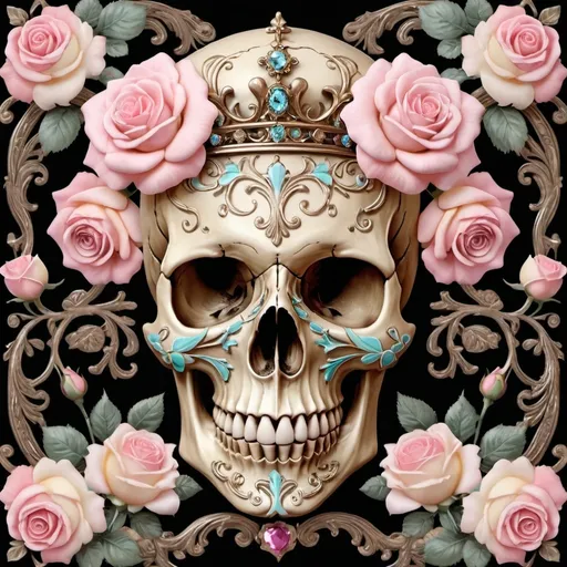 Prompt: Create a ravishing design of vintage, ornate skull with pastel-hued roses that exudes a sense of luxury, sophistication, and opulence. The design features bold, curved lines, and intricate details that evoke a sense of whimsy. The skull is adorned with a delicate, bejeweled crown that adds a touch of elegance.