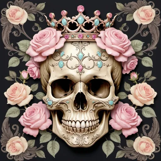 Prompt: Create a ravishing design of vintage, ornate skull with pastel-hued roses that exudes a sense of luxury, sophistication, and opulence. The design features bold, curved lines, and intricate details that evoke a sense of whimsy. The skull is adorned with a delicate, bejeweled crown that adds a touch of elegance.