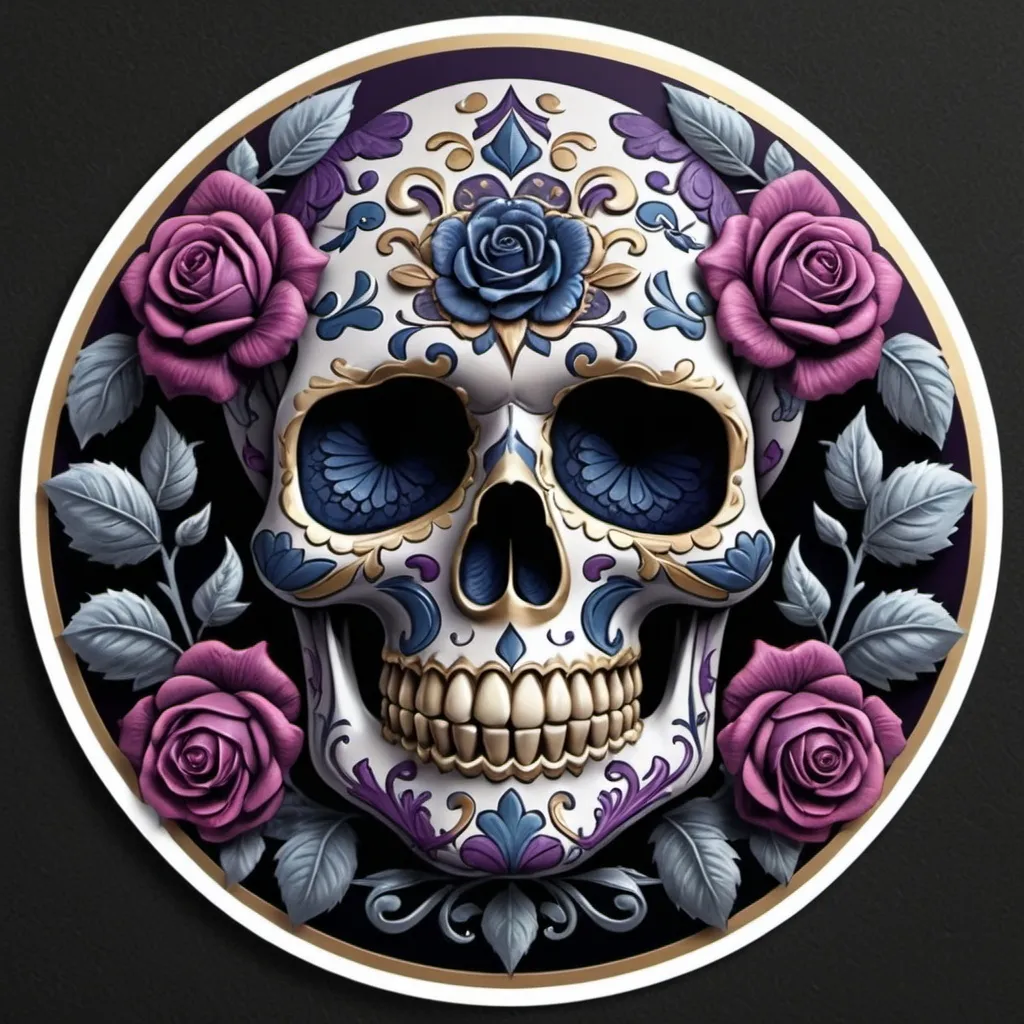 Prompt: Render a stunning, high-contrast sticker design featuring a intricately detailed sugar skull adorned with lush, velvety roses, set against a rich, dark background that gradiently shifts from deep blues to purples, evoking a mysterious, romantic ambiance. The skull's facial structure is delicate, with ornate filigree patterns etched into its forehead, nose, and jawline, while the roses are depicted in various stages of bloom, their petals soft and delicate, with subtle texture and gentle folds. The entire design is framed by a thin, ornate border, reminiscent of antique lace, with subtle hints of gold and copper accents that catch the light. The overall aesthetic is a mesmerizing blend of Gothic romance and whimsical beauty, with bold lines, delicate textures, and a striking color palette that demands attention.