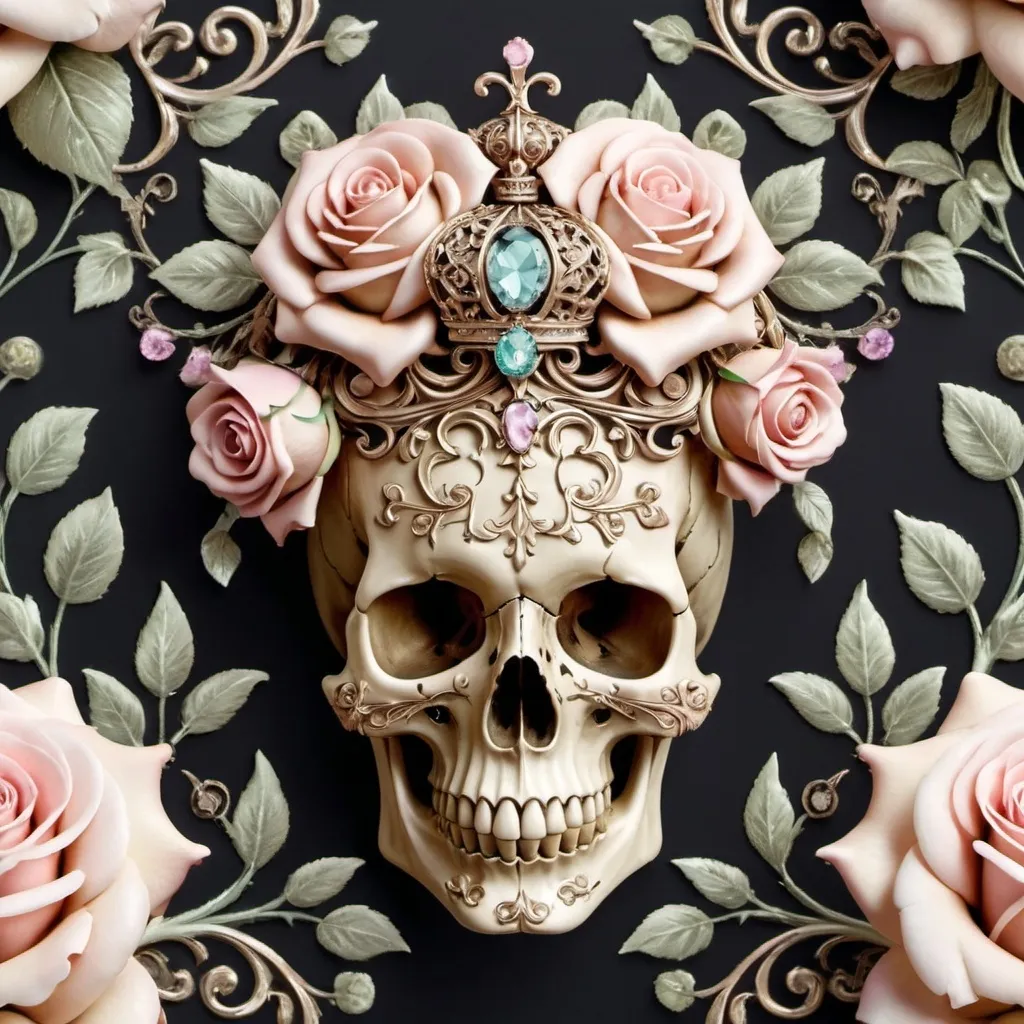 Prompt: Create a ravishing design of vintage, ornate skull with pastel-hued roses that exudes a sense of luxury, sophistication, and opulence. The design features bold, curved lines, and intricate details that evoke a sense of whimsy. The skull is adorned with a delicate, bejeweled crown that adds a touch of elegance.