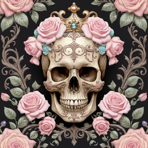 Prompt: Create a ravishing design of vintage, ornate skull with pastel-hued roses that exudes a sense of luxury, sophistication, and opulence. The design features bold, curved lines, and intricate details that evoke a sense of whimsy. The skull is adorned with a delicate, bejeweled crown that adds a touch of elegance.