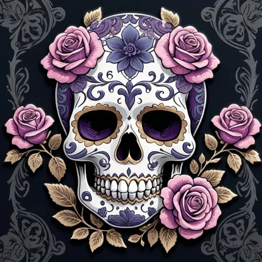 Prompt: Render a stunning, high-contrast sticker design featuring a intricately detailed sugar skull adorned with lush, velvety roses, set against a rich, dark background that gradiently shifts from deep blues to purples, evoking a mysterious, romantic ambiance. The skull's facial structure is delicate, with ornate filigree patterns etched into its forehead, nose, and jawline, while the roses are depicted in various stages of bloom, their petals soft and delicate, with subtle texture and gentle folds. The entire design is framed by a thin, ornate border, reminiscent of antique lace, with subtle hints of gold and copper accents that catch the light. The overall aesthetic is a mesmerizing blend of Gothic romance and whimsical beauty, with bold lines, delicate textures, and a striking color palette that demands attention.