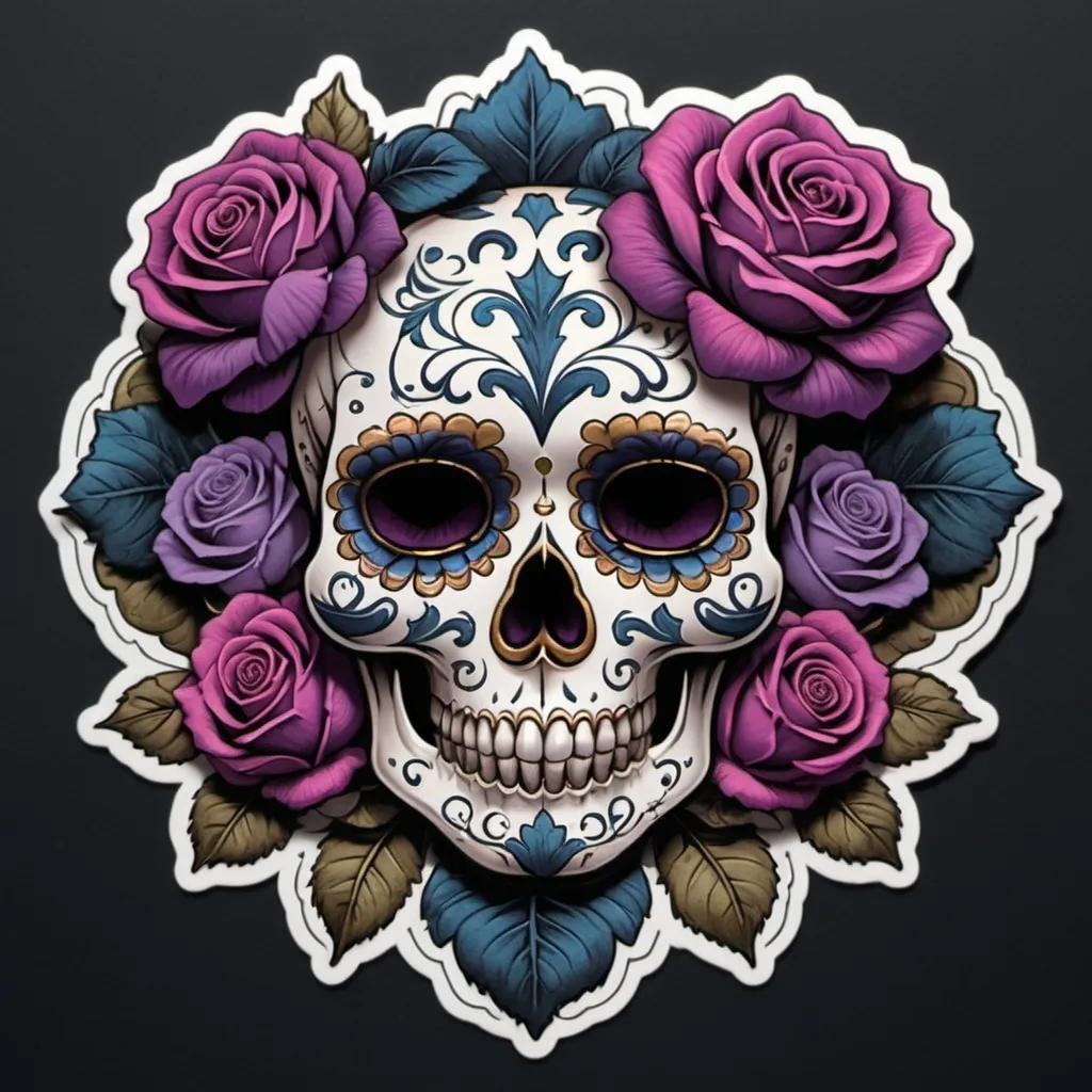 Prompt: Render a stunning, high-contrast sticker design featuring a intricately detailed sugar skull adorned with lush, velvety roses, set against a rich, dark background that gradiently shifts from deep blues to purples, evoking a mysterious, romantic ambiance. The skull's facial structure is delicate, with ornate filigree patterns etched into its forehead, nose, and jawline, while the roses are depicted in various stages of bloom, their petals soft and delicate, with subtle texture and gentle folds. The entire design is framed by a thin, ornate border, reminiscent of antique lace, with subtle hints of gold and copper accents that catch the light. The overall aesthetic is a mesmerizing blend of Gothic romance and whimsical beauty, with bold lines, delicate textures, and a striking color palette that demands attention.