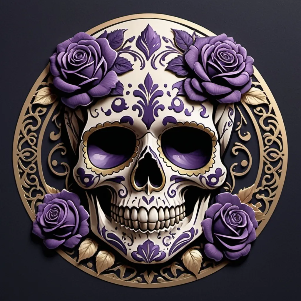 Prompt: Render a stunning, high-contrast sticker design featuring a intricately detailed sugar skull adorned with lush, velvety roses, set against a rich, dark background that gradiently shifts from deep blues to purples, evoking a mysterious, romantic ambiance. The skull's facial structure is delicate, with ornate filigree patterns etched into its forehead, nose, and jawline, while the roses are depicted in various stages of bloom, their petals soft and delicate, with subtle texture and gentle folds. The entire design is framed by a thin, ornate border, reminiscent of antique lace, with subtle hints of gold and copper accents that catch the light. The overall aesthetic is a mesmerizing blend of Gothic romance and whimsical beauty, with bold lines, delicate textures, and a striking color palette that demands attention.