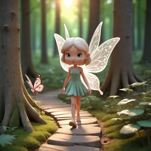 Prompt: 3d cartoon girl walking in the woods with fairy