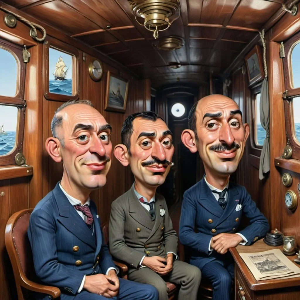 Prompt: two men in an old ship cabin, sailing from USA to Japan after world war 1. one of them is British and the other looks middle eastern with hooked noise, the other man is well dressed and seems to be rich and looking clean shaved. 
