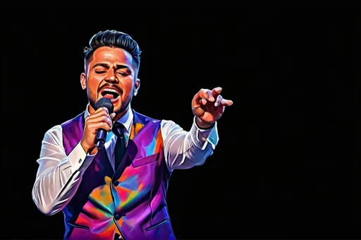 Prompt: Detailed digital painting of a charismatic singer, vibrant stage performance, colorful lighting effects, high quality, digital painting, charismatic singer, dynamic stage presence, vibrant colors, energetic performance, professional lighting