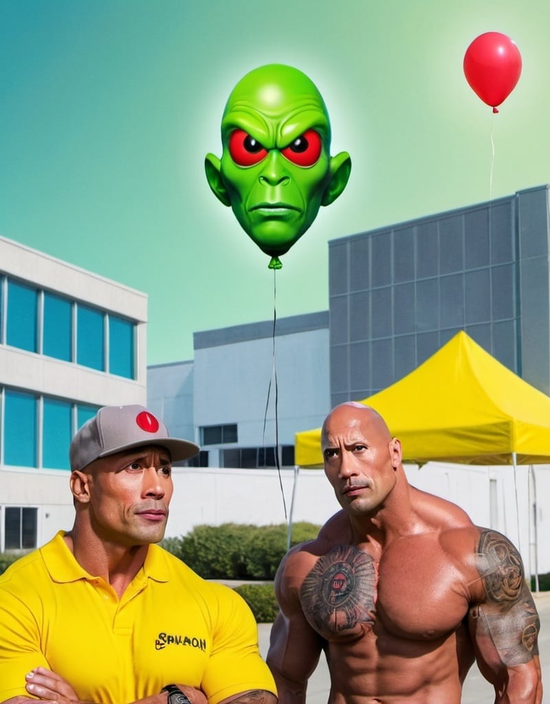 Prompt: a man with a red hat and a green alien head in front of a building and a red balloon, Dwayne The Rock Johnson, serial art, professional digital art, a poster