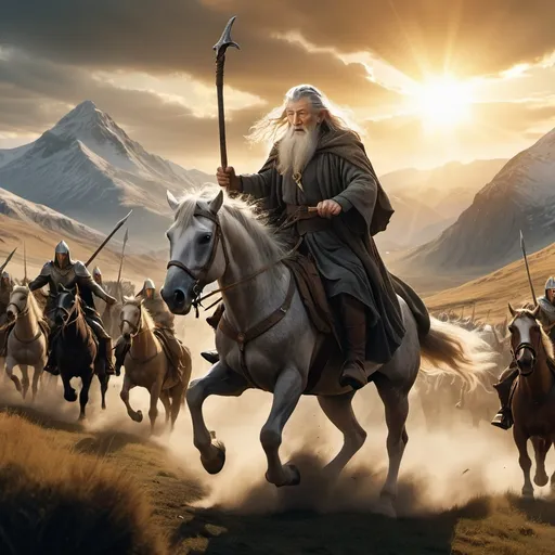 Prompt: Gandalf riding Shadowfax, surrounded by the Rohirrim army, dramatic sunrise illuminating the scene, (majestic hills and mountains) in the background, (dynamic poses) of warriors, (epic atmosphere) filled with courage and determination, vibrant light casting (golden hues) over the landscape, (ultra-detailed) visualization of a legendary battle-ready moment, high quality 4K resolution.