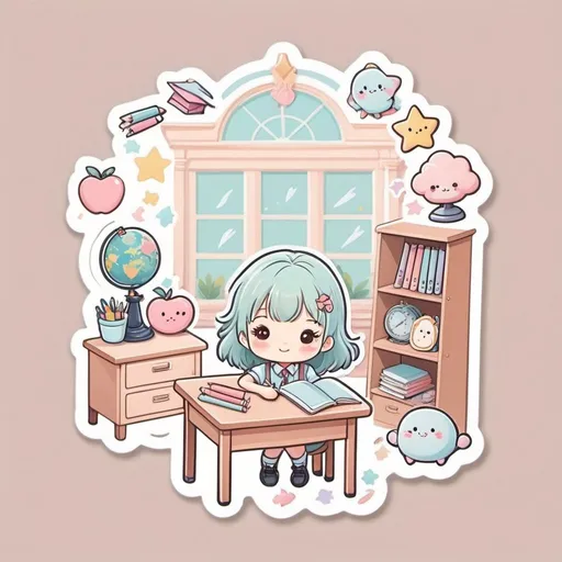 Prompt: Kawaii, cute, cartoon illustration of a dreamy school classroom, pastel color palette, adorable and quirky school supplies, cute characters, dreamy and whimsical atmosphere, soft and gentle lighting, high quality, detailed, cartoon, adorable, school supplies, pastel colors, dreamy atmosphere, cute characters, whimsical, soft lighting