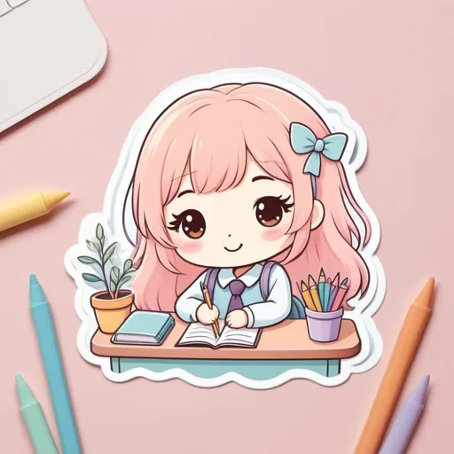 Prompt: Kawaii, cute, cartoon illustration of a dreamy school classroom, pastel color palette, adorable and quirky school supplies, cute characters, dreamy and whimsical atmosphere, soft and gentle lighting, high quality, detailed, cartoon, adorable, school supplies, pastel colors, dreamy atmosphere, cute characters, whimsical, soft lighting
