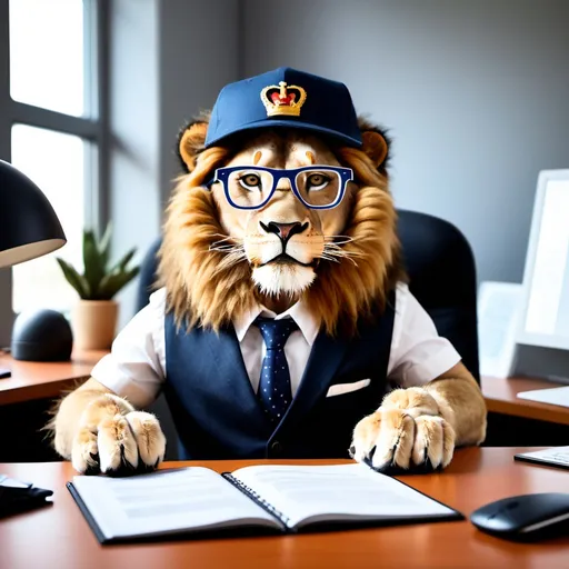 Prompt: Images d'un lion qui a porté des lunettes assis dans un bureau avec une casquette et une vest