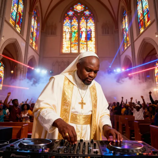 Prompt: A South African man wearing a detailed white and gold pope uniform is DJing on a professional DJ deck inside a large, vibrant church. The atmosphere feels festive and cinematic — colorful stained-glass windows glowing behind him, energetic crowd dancing and cheering in the pews. Afro-house music energy, flashing lights, fog and lasers illuminating the space. The man moves confidently, mixing tracks with rhythm and charisma. Camera pans smoothly across the crowd and focuses on the DJ’s intense expression. Realistic lighting, cinematic depth of field, 4K ultra-realistic video style, energetic, modern South African church vibe.