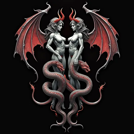 Prompt: A striking server icon featuring two menancing female devils intertwined with serpents, bold and dynamic design, SS letters prominently displayed, dark and moody color palette, intricate details, high contrast --s 100 --ar 1:1 --no text


