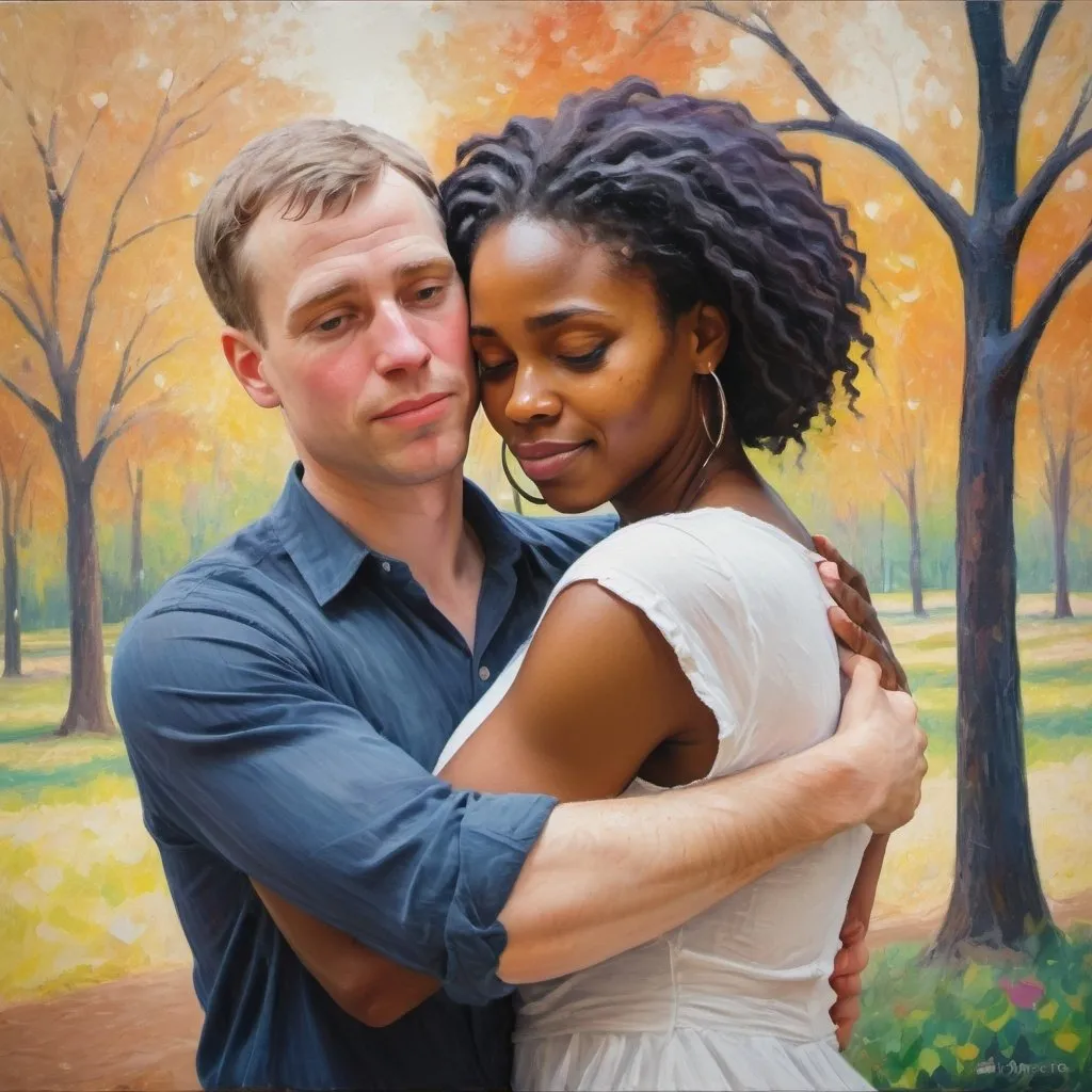 Prompt: White man, black woman couple in loving hug i impressionist style