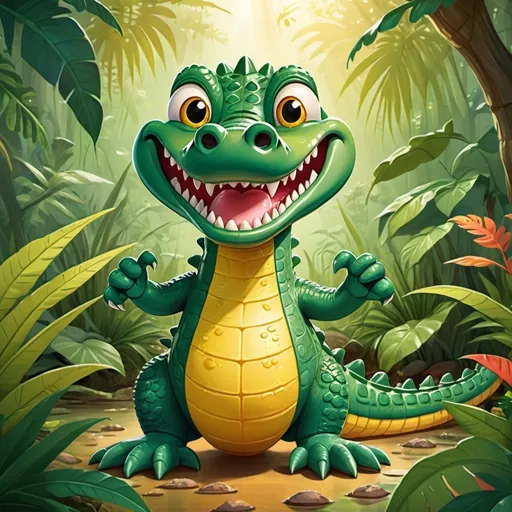 Prompt: (cartoon crocodile), cheerful expression, vibrant colors, playful stance, exaggerated features, rich green scales with lighter underbelly, oversized eyes, background of a tropical swamp with whimsical plants, golden sunlight filtering through leaves, high detail and quality, fun and dynamic atmosphere, perfect for children’s illustrations or playful designs.