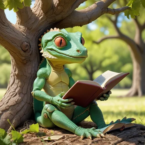 Prompt: Humanoid lizard reading a book under an oak tree