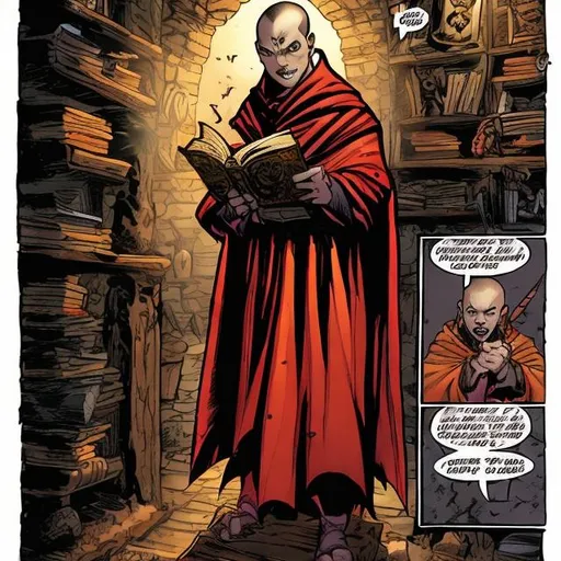 Prompt: A vampire monk is in a medieval dark library reading comic books