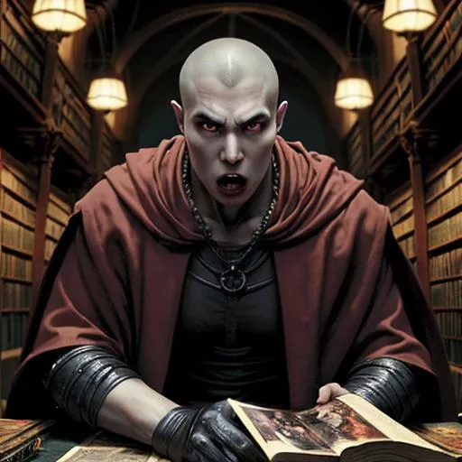 Prompt: A vampire monK with big gangs is in a medieval dark library reading comic books