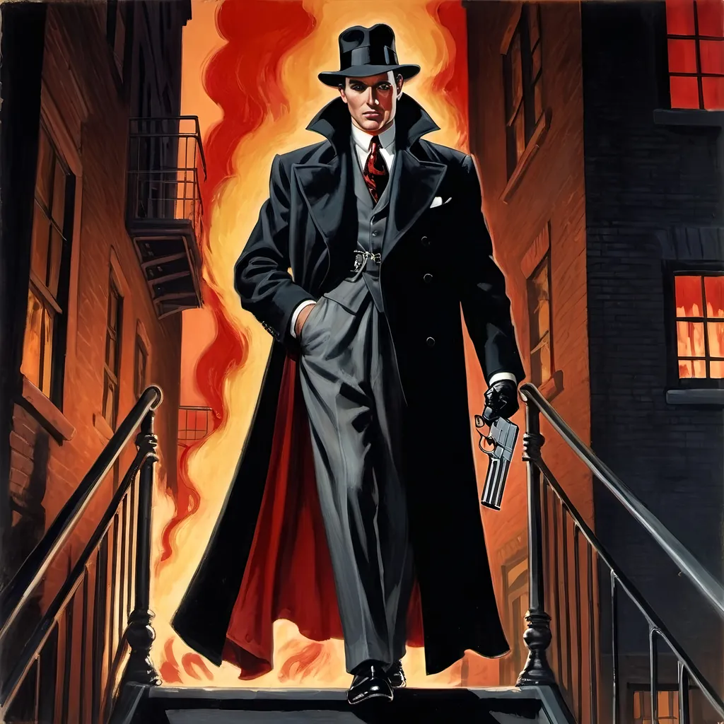 Prompt: George Rozen pulp illustration of 1930s pulp crime fighter character, the Shadow holding a .45 automatic pistol in each hand Wearing black slouch hat, a long red scarf covering the lower half of his face, a full length black cape with red inner lining, a black suit, black dress shirt, black tie, black shoes, he has a sinister glaring expression with piercing eyes and a hawk like nose, he is walking down a fire escape at night in New York City in 1930 with Walt Disney's the Evil Queen who is wearing a flapper dress and black patent leather high heels with a mink stole around her shoulders 