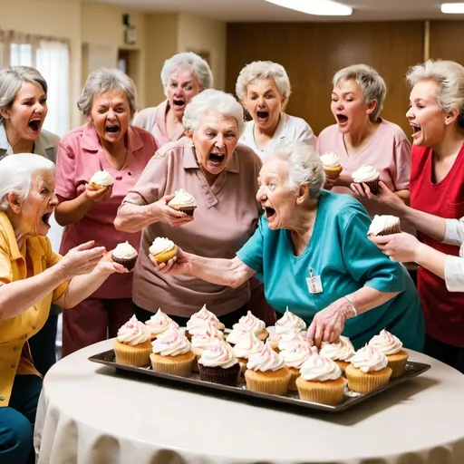 Prompt: A large group of old women in a nursing home having a food fight with cupcakes